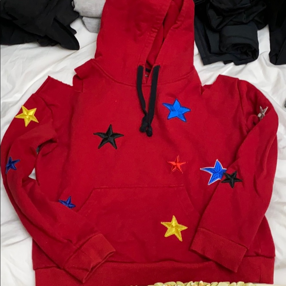Aqua Red Star Hoodie Cold Shoulder